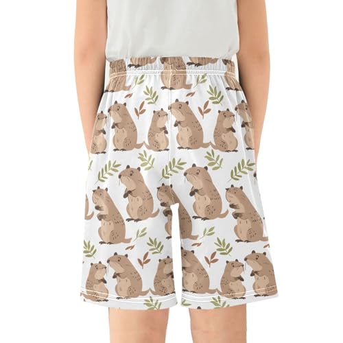 ALAZA Cute Capybara Leaf Animal Pajama Shorts Elastic Waist Casual Sleep Shorts with Pockets Size 6-142