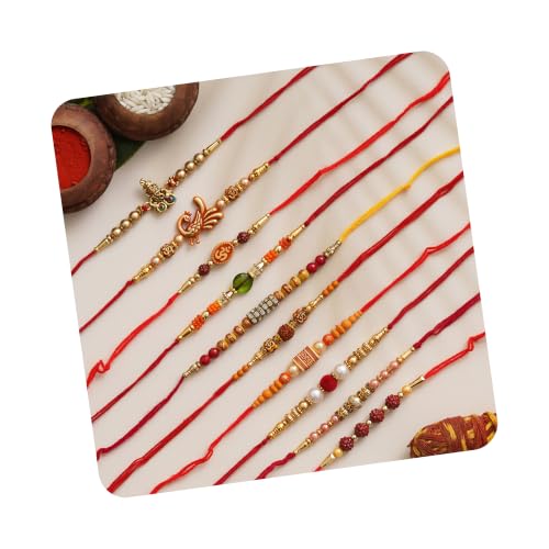 Image of eCraftIndia Red Blue Round Designer Rakhi for Brother Bhaiya Bhai | Roli Chawal Pack | Rakhi Combo