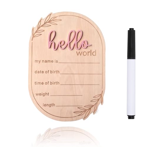 Image of Baby Announcement Sign for Hospital - 5.91"x4.13" Wooden Hello World Newborn Sign with Ear of Wheat Decor, Baby Name Sign for Nursery, Birth Announcement Plaque with Pen, Newborn Photo Prop (Pink)