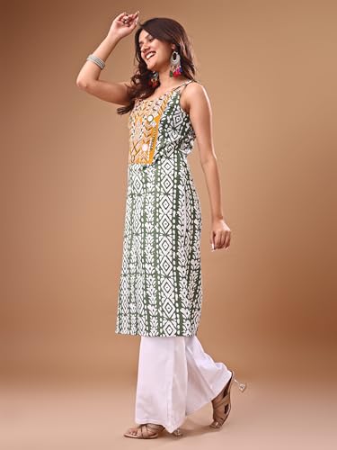 Image of EthnicJunction Women's Cotton Blend Straight Fit Straight Embroidered Batik Print Shoulder Straps Kurta | Navratri Special Kurta