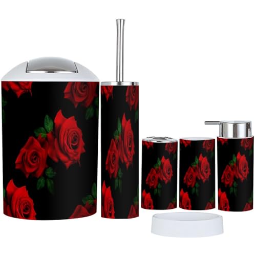 XNGJEMVWXO Bathroom Accessory Set 6 Piece Beautiful Pattern red Roses Black Toothbrush Holder, Toothbrush Cup, Soap Dispenser, Soap Dish, Toilet Brush Holder, Trash can for Countertop Rustic Decor