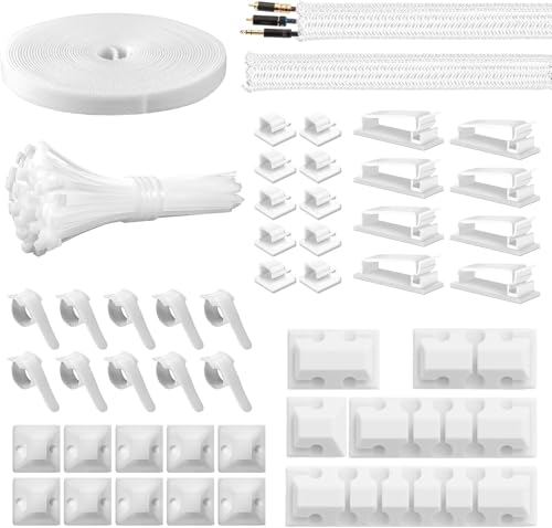 Kit de gestión de cables de 146 piezas, organizador de cables blanco para oficina y hogar, con 100 abrazaderas de sujeción, 5 soportes de silicona, 2 revestimientos y 28 clips adhesivos