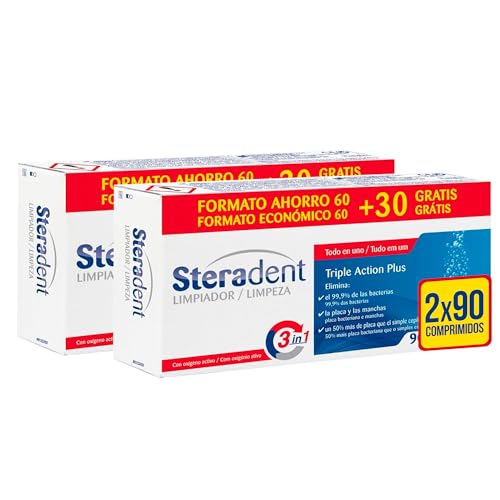 Steradent - Comprimidos limpiadores de prótesis dentales Triple Action Plus - 60 + 30 x2