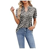 Netz Oberteil Lässiges und modisches T-Shirt für Damen im Sommer, V-Ausschnitt, faltig, mit Blumenmuster, kurzärmelig Langarm Laufshirt Damen (Purple, XXL)
