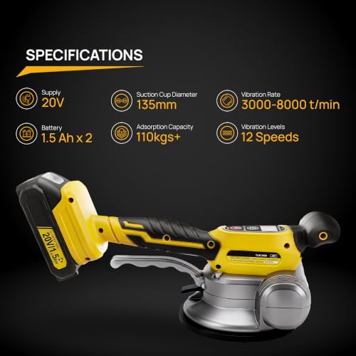 Image of TOMAHAWK TLM-2450 Cordless Tile Vibrator with Suction Cup | 135mm Vacuum Base | 6 Speed Levels | 50kg Vertical Load | 600X600mm Tile Support | Dual 20V 3Ah Battery (Yellow)