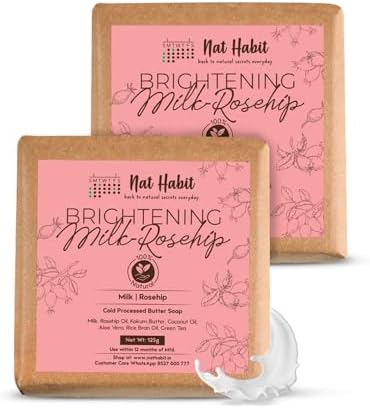 Nat Habit Milk Rosehip Bath Soap with Lactic Acid, Kokum Butter|Cold Processed Ayurvedic Soap for Skin Brightening, Anti-Aging & Anti-Acne|Moisturizing Milk Soap with Gentle Exfoliation | 125g x 2