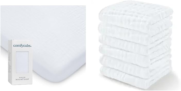 Comfy Cubs Muslin Fitted Bassinet Crib Sheet and Baby Washcloths Bundled - White