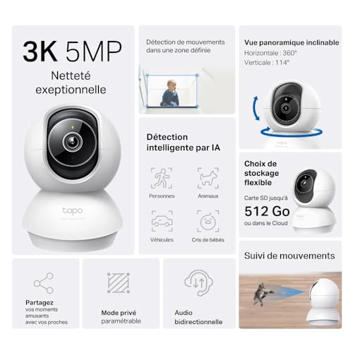 Tapo C230 3K 5MP bewakingscamera binnen 360°, WLAN 2,4GHz, KI-detectie, nachtzicht, bewegingsdetectie, 2-weg audio, compatibel met Alexa en Google Assistant, microSD tot 512 GB - Afbeelding 3
