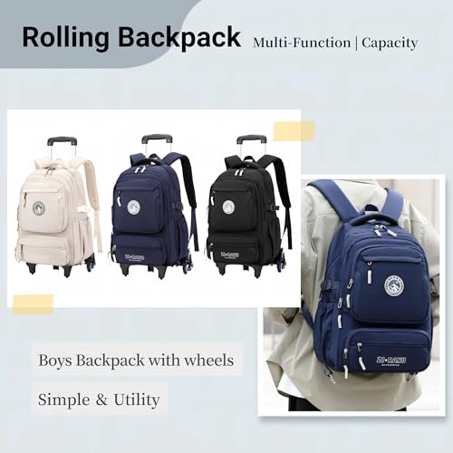 Rolling Backpack for Boys Girls Elementary Middle School Bags, Boys Roller Backpack with 6 Wheels, Beige - Image 3