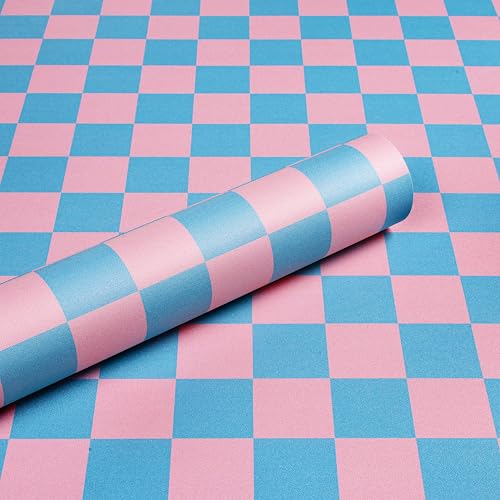 ReWallpaper Papier Peint Geometrique Bleu Rose Papier Peint Adhesif Mural Chambre Salon 44.5CMx7M Film Autocollant Meuble à Motif Damier Rose Etanche Rouleau...