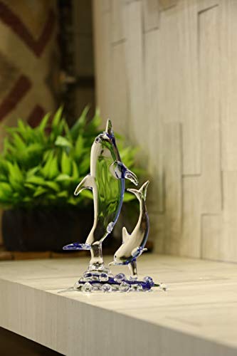 Somil Playing Mother Dolphin with Her Calf Crystal Glass Decorative Gifting Showpiece, Blue, Clear, 8.5 X 5 X 17 Cm, Made by Hand from Expert Artisans