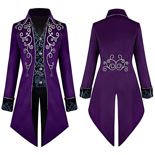 OBEEII - Frac da uomo in stile gotico e steampunk, stile medievale, stile vittoriano, per costume di carnevale, cosplay, uniforme, smoking, colore viola 03, taglia L