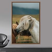 Framed Canvas Wall Art Two Horses Animals Dramatic Farmhouse/Country Horse Living Room Multicolor Photography - 16x24 inches