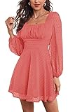 LYANER Women's Polka Dots Square Neck A line Long Sleeve Swiss Dots Mini Dress Watermelon Red Medium