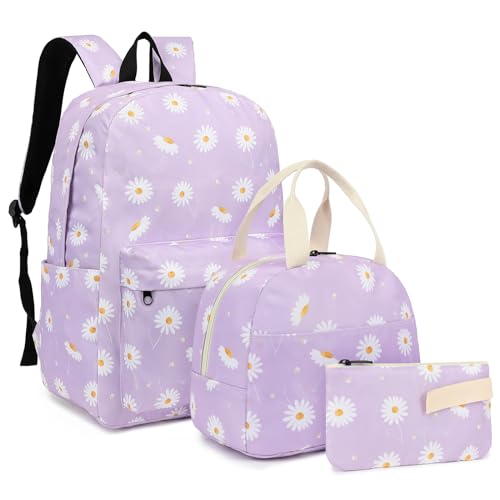 Fuyicat Ensemble sac à dos d'école 3 en 1 pour filles, adolescentes, école primaire, cartable avec sac à déjeuner et trousse à crayons, Motif fleurs Violet, Large