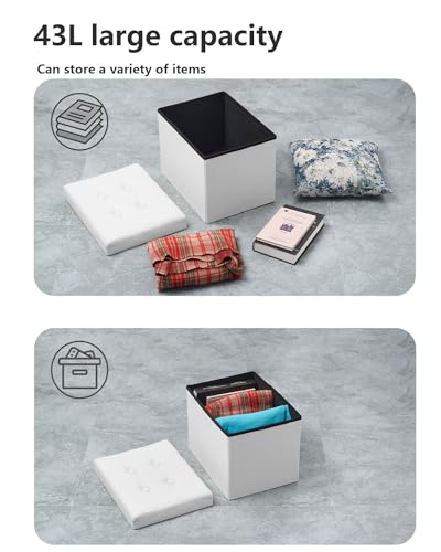 Image of Bsketa Storage Ottoman Bench,17 Inch Folding Leather Foot Rest Stool,White | Ottoman with Storage, Thicker Foam Padded Seat, Living Room, Dorm, Bedroom, Load 330 lbs,Easy to install,17x13x13in