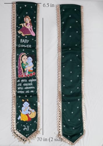 Image of Hand Painted Baby Shower Dupatta | Premium Jam Satin Fabric Soft & Elegant | Baby Shower Special Dark Green Lord Krishna Theme Dupatta Hand Painted Sanskrit Mantra, Decorative Golden Border