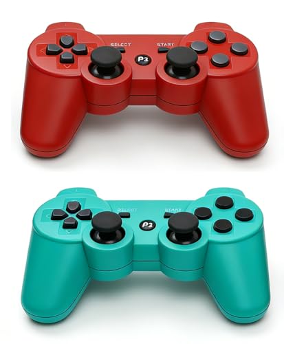 ＲＵＥＩＵＲＩ PS-3 Controller 2 Pack [2025 NEWEST] PS-3 Wireless Controller Playstation 3 Controller Wireless Bluetooth Gamepad with USB Charger Cable for PS-3 Console (Red+Green)