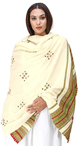 Image of Exotic India Women's Kutch Wool Shawl (SHV95--beige)