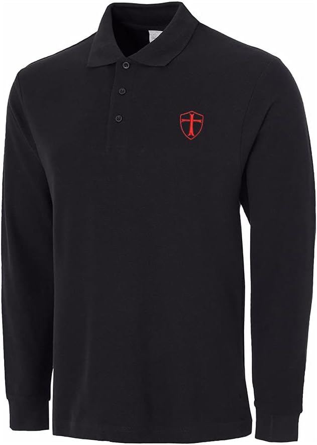 Mens Polo Shirts Long Sleeve Knights Templar Shield Red Cross Embroidery Casual Polo