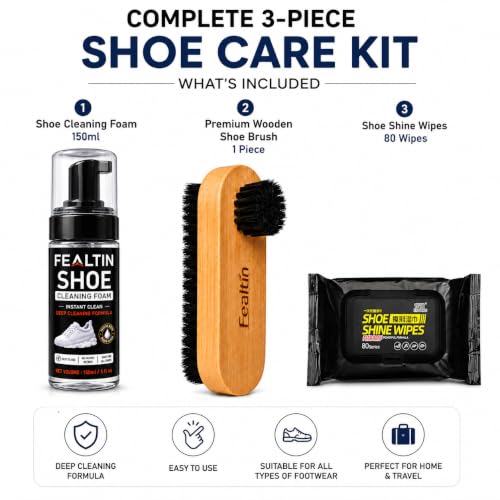 Image of Shoe Cleaning Kit 3 in 1 with 150ml Shoe Cleaning Foam, Premium Wooden Shoe Brush & 80 Shoe Shine Wipes | Sneaker Cleaner Kit for Leather, Suede, Nubuck, Canvas, Sports & Casual Shoes