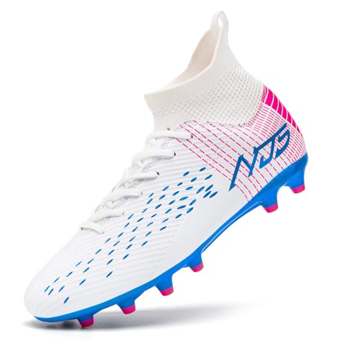Mokayu Chaussures de Football Homme Haute Bande Spike Crampons Profession Chaussures de Foot Adultes Athlétisme Entrainement Chaussures de Sport Blanc EU 43