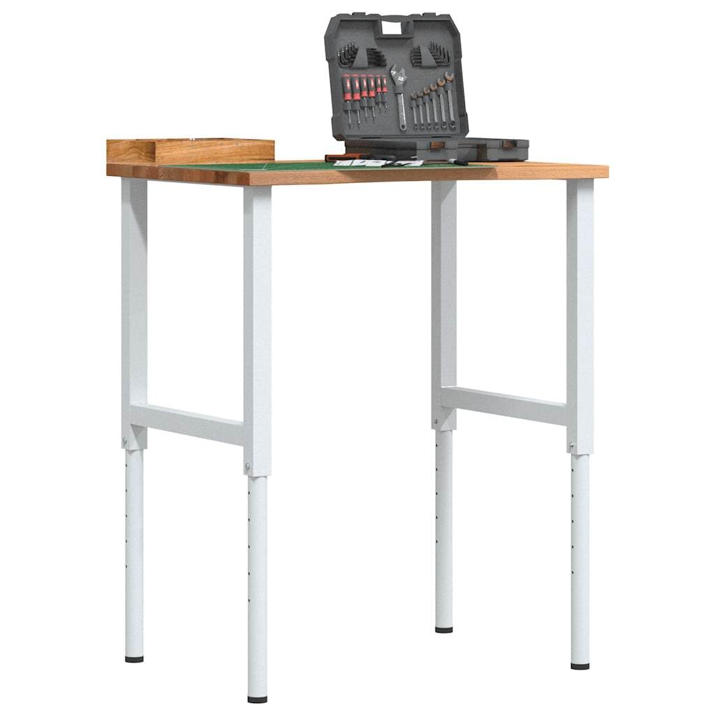 Banco de trabajo marrón claro de madera de roble maciza, 80 x 60 x (71,5 – 98) cm con estructura de metal pulverizado, altura regulable para taller, garaje, sala de ocio y bricolaje
