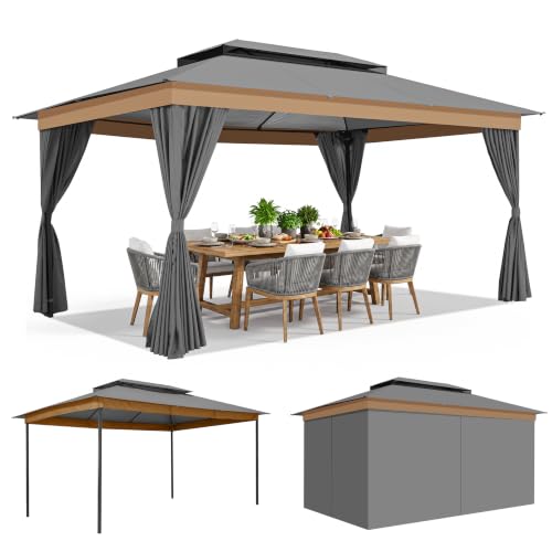 Image of COBIZI 10x15 Outdoor Patio Gazebo with Privacy Curtains, Gray | Soft Top Gazebo Double Roof, Dual Ceiling Hooks, Privacy Curtains, Heavy-Duty Steel Frame Canopy for Backyard, Deck & Garden