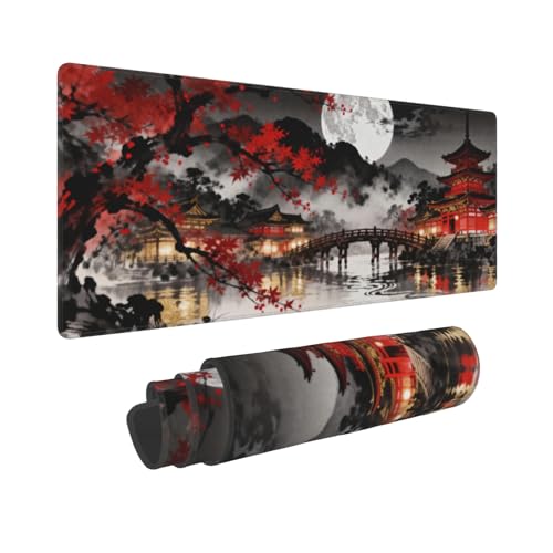 Image of Black Red Japanese Mouse Pad 31.5x11.8 XL Maple Leaves Tree Lake Pavilion Watercolor Extended Large Mousepad Keyboard Mouse Mat Desk Pad with Non-Slip Rubber Base Stitched Edges for Home Office Game