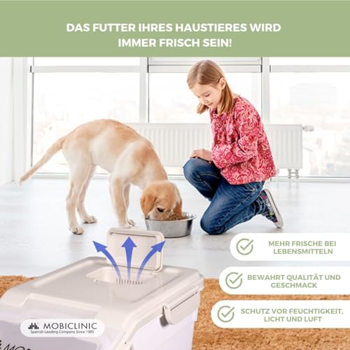 Mobiclinic® Pets, Futterbehälter, Für Haustiere, Feedpet, Fassungsvermögen 20L / 8Kg, Hermetischer Verschluss, 23x25, 5x36, 5cm, Inkl. Schaufel und messbecher, Mit rädern, Klarsichtfenster