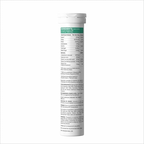 Image of Skin Glow Support L-Glutathione 600mg Effervescent Tablets, Orange Flavour, with Hyaluronic Acid, Vitamin C, E & A, 15 Tablets (1)