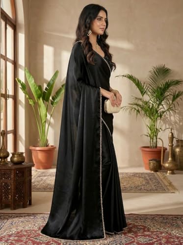 Image of FABIAN FASHION Women's Plain Japan Satin Silk Saree with Pearl Lace Border, Includes Unstitched Matching Blouse Piece - Elegant Saree(AVN 1694)