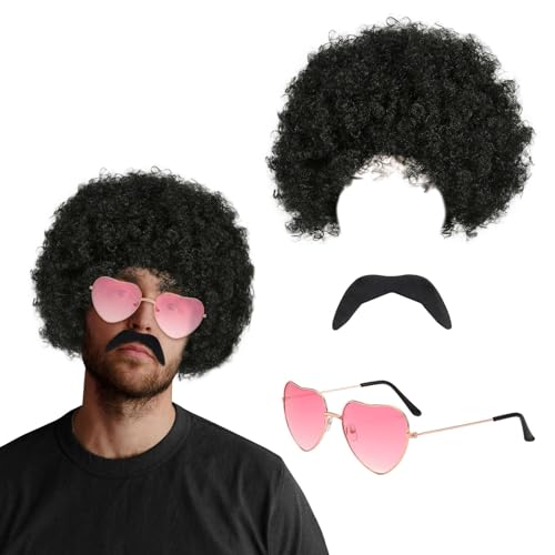 FUIPVGI Funky Afro Wig 3 pièces accessoires de coiffure hippie rétro des années 70, lunettes hippie moustaches perruque afro funky, accessoires des années 60 et 70 pour hommes, costume (3 pièces)