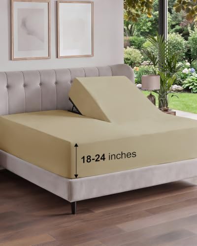 Image of Extra Deep Flex Top Split Head King Fitted Sheet - Hotel Luxury Single Fitted Sheet Only - Easily Fits 18 inch to 24 inch Mattress - Ultra Soft, Wrinkle Free w /Extra Deep Pockets - Beige