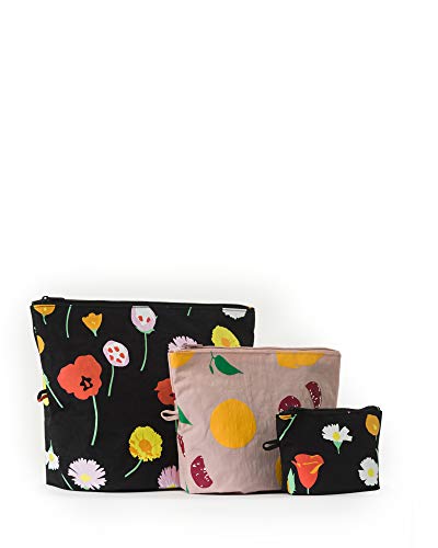 BAGGU Go Pouch Set, Expandable Nylon Zip Pouch 3 Pack for Travel and Organization, Flora