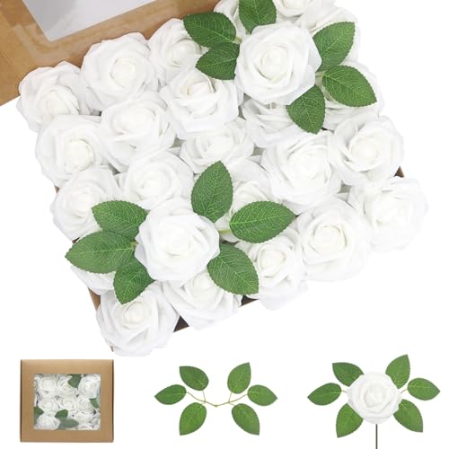 WANTMAZOR Artificial Flowers White Roses 100PCS Real Looking Foam Fake
