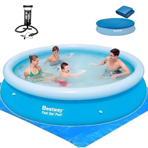Bestway Piscina Inflável Fast Set Redonda com Tampa e Inflador, 4600L, Azul, 305x76cm, Kit Completo com Lona e Capa Protetora, para Crianças Acima de 4 Anos