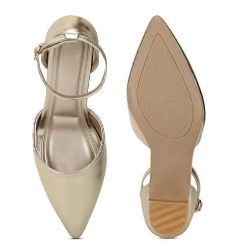 Image of Marc Loire Women's Pointed Toe Block Heel Pumps | Office & Party Shoes with Ankle Loop & Buckle Strap | Formal Footwear
