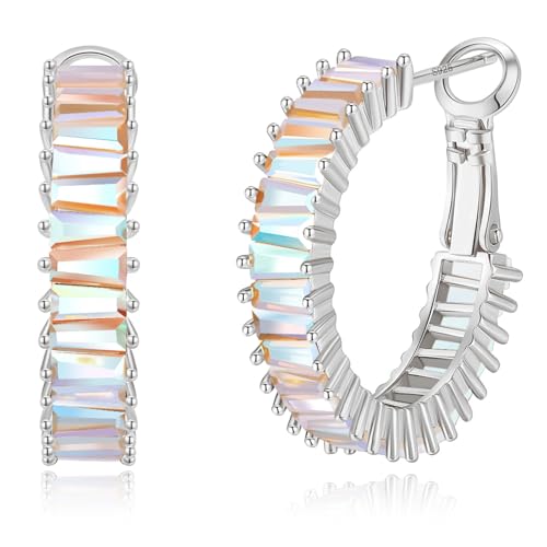 GLOQUAT Iridescent Earrings Aurora Borealis Crystal Hoop Earrings White Gold Plated AB Hoops for Women 925 Sterling Silver Post Trendy Colorful CZ Round Circle Hoops Aura Earring Jewelry 25mm