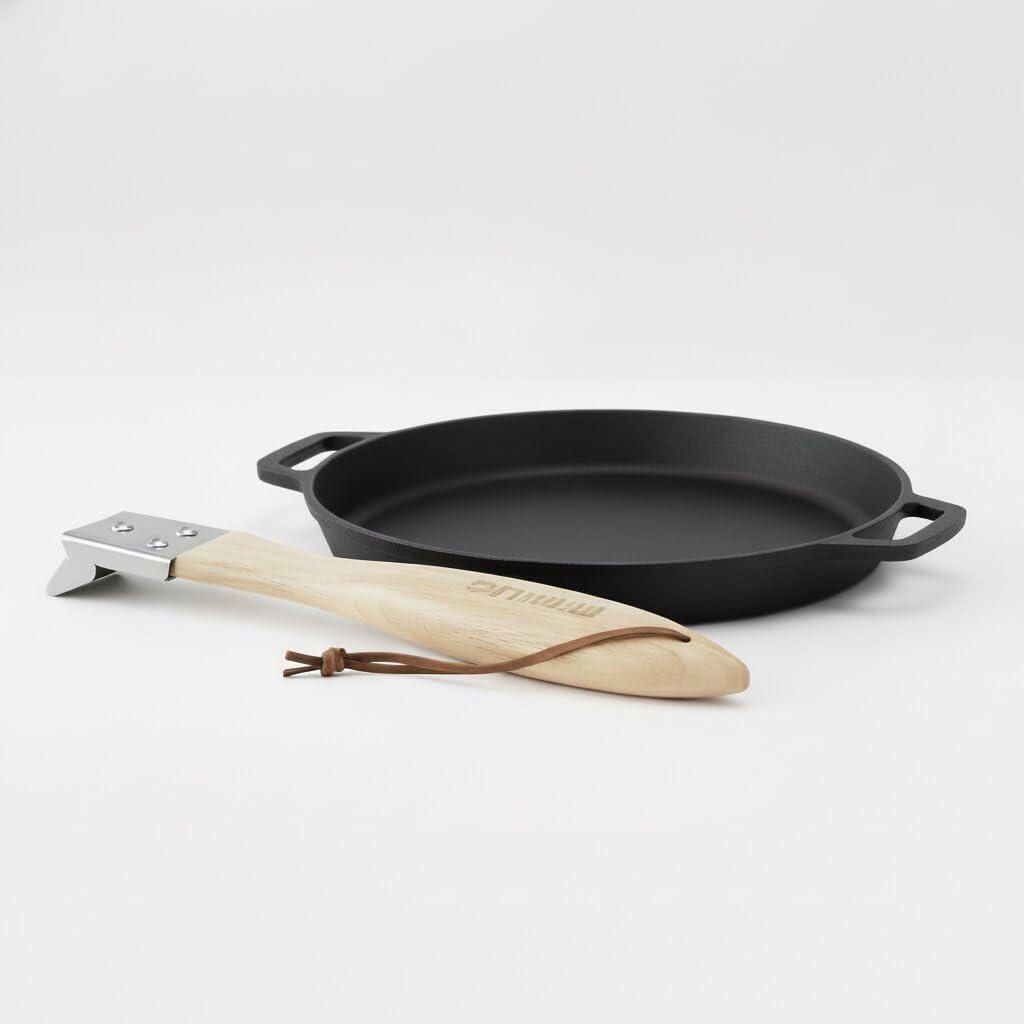 Mimiuo 12 Inch Cast Iron Sizzler Pan with Removable Wooden Handle – Non-Stick Round Fajita Skillet for Pizza Oven, Grill, Stovetop & Campfire – Heavy-Duty Sizzling Plate for Steak, Fish, Veggies