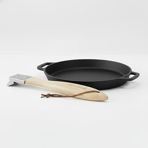 Miniatura 8 de Mimiuo Sartén Sizzler de hierro fundido para horno de pizza y parrilla, sartén redonda de 12 pulgadas para parrilla de fajita, placa de carne