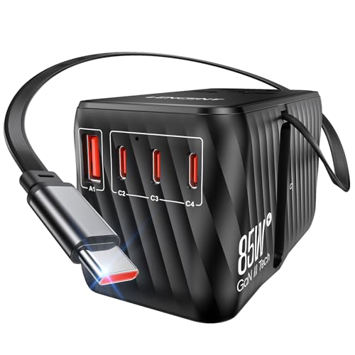 LENCENT 85W Adattatore Universale da Viaggio con Cavo USB C Retrattile, GaN Adattatore Spina Internazionale con 4 Porte USB Ricarica Rapida, Spina Presa Mondiale per EU a Stati Uniti, UK, AUS