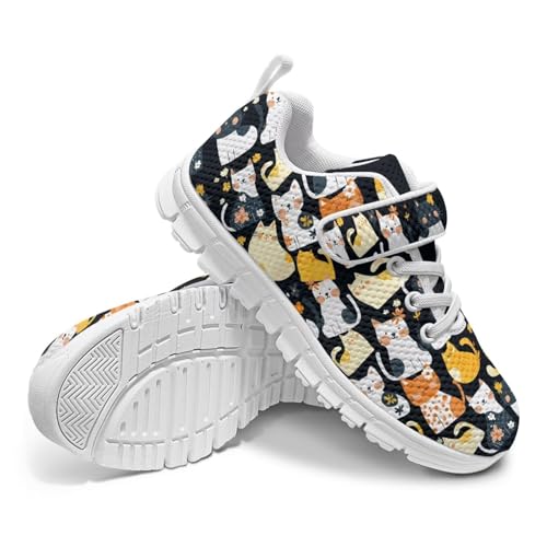 Boys Girls Sneakers Kids Shoes Unisex Lightweight Breathable Athletic Running Tennis Fitness Shoes for Little Kid/Big Kid Cats Pattern（White Sole）4