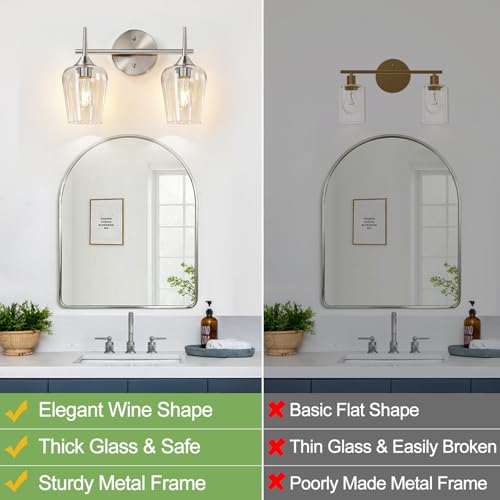 Image of MOKATNG 2-Light Bathroom Light Fixtures, Brushed Nickel Vanity Lights for Bathroom with Clear Glass, Bathroom Lighting Fixtures Over Mirror, Modern Wall lamp for Cabinet Hallway