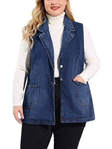 Agnes Orinda Plus Size Denim Vests for Women Dressy Sleeveless Lapel Casual Long Jean Jackets Tunic Vest