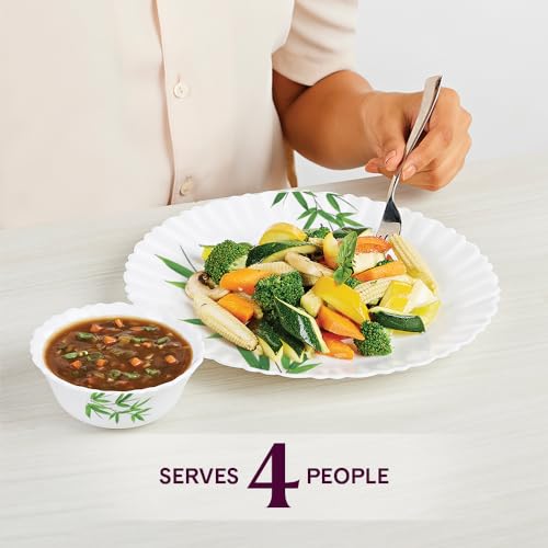 Image of Larah by Borosil Bamboo Leaves Fluted Series Opalware Dinner Set | 12 Pieces for Family of 4 | Microwave & Dishwasher Safe | Bone-Ash Free | Crockery Set for Dining & Gifting | Plates & Bowls | White