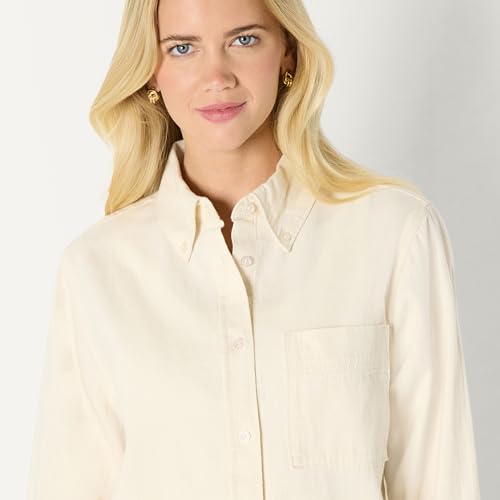 Amazon Essentials Women's Modern Oversized-Fit Cropped Denim Button-Down Shirt, Lightweight Chambray, Point Collar, Ecru, Large