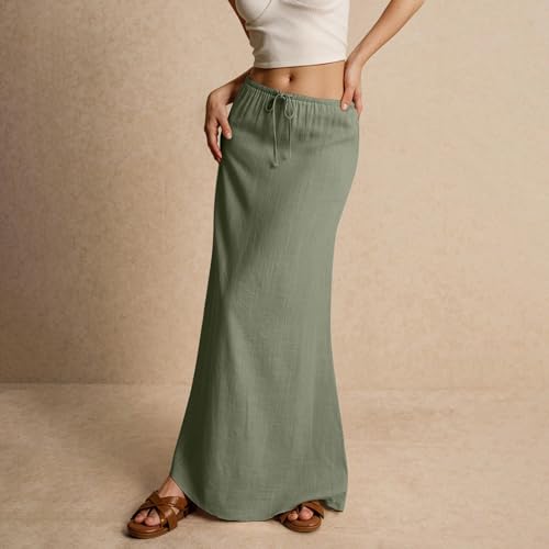 Linen Maxi Skirts for Women Summer 2025 Vacation Boho Skirt Comfy Drawstring Low Waist A Line Skirt Long Cover Ups2