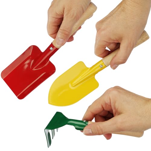 COM-FOUR® 6-teiliges Gartenwerkzeug Set für Kinder - kleine Harke, Schaufel und Spaten aus robusten Metall und Holz, perfekt für Gartenarbeit, Strand und Sandkasten (Set 2)