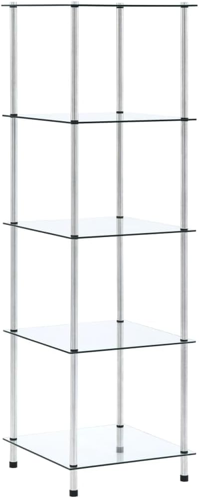 Modern Glass Shelf with 5 Shelves Made of Tempered Glass & Stainless Steel, Stylish Multi-Purpose Shelf for Living Room, Office or Bathroom for Storage and Decoration